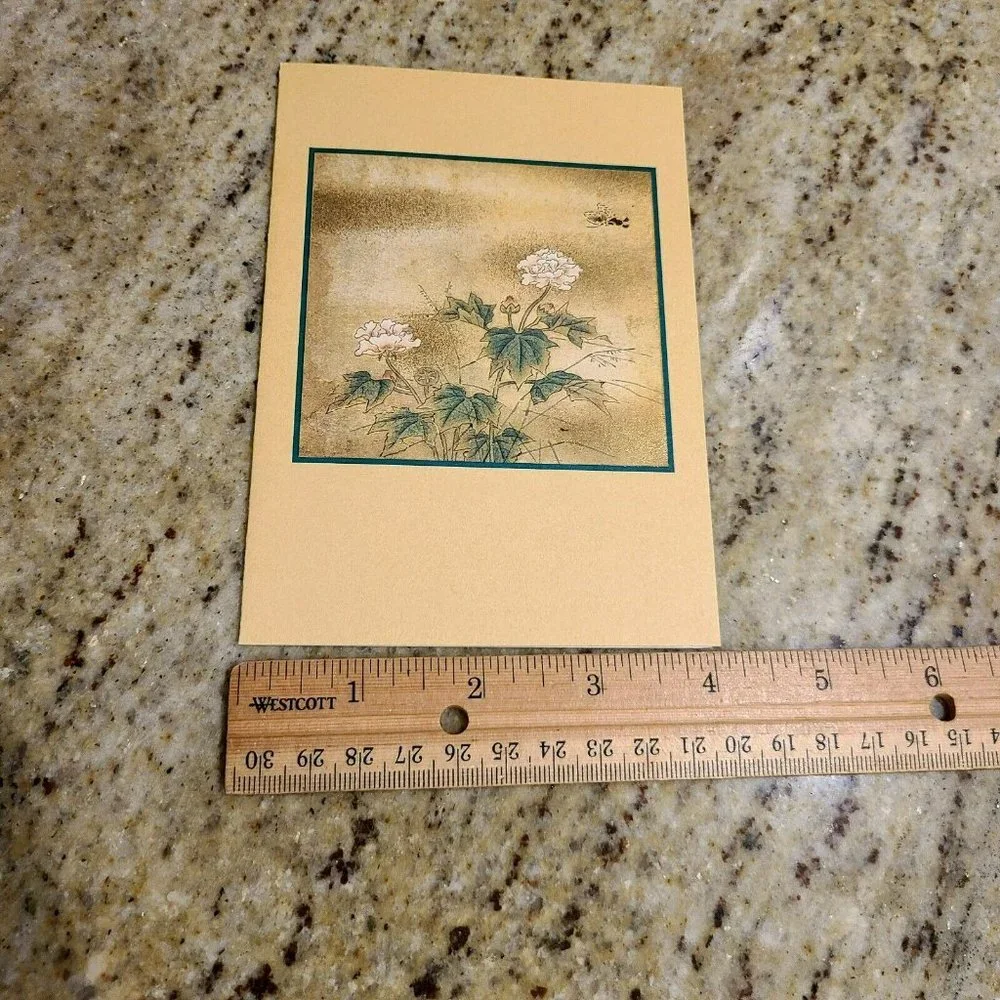 3 Kano Tanyu Blank Cards. Shimmer. Butterfly Mallow, Sparrows, Crane Lotus Pond